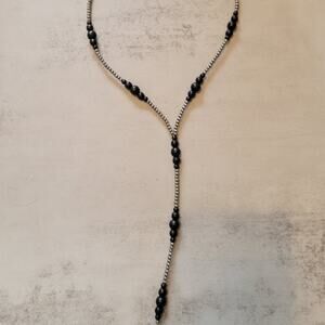 Silver Navajo Style Pearl & Black Stone Y-Shape Necklace
